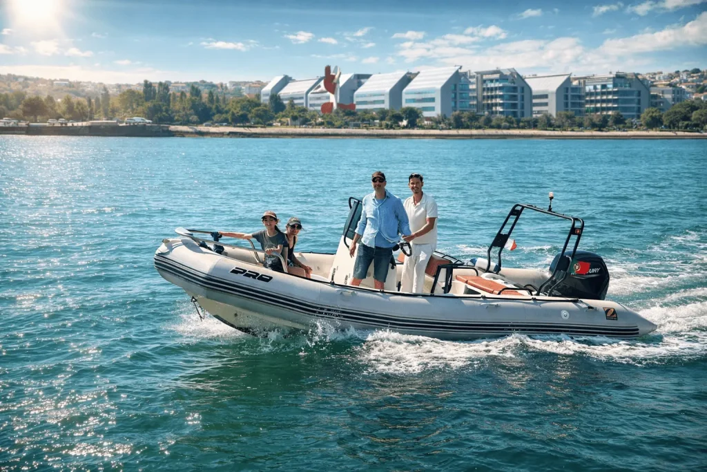 Zodiac Pro 650 semi-rigid boat with guests on the Tagus river in Lisbon – Semirrígido Zodiac Pro 650 com convidados no rio Tejo em Lisboa